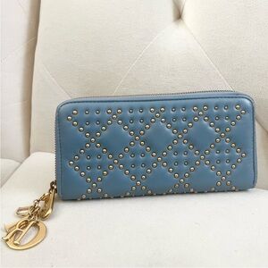 Authentic Christian DIOR Blue Leather x Studs Long Zippy Wallet W/ Charm EUC